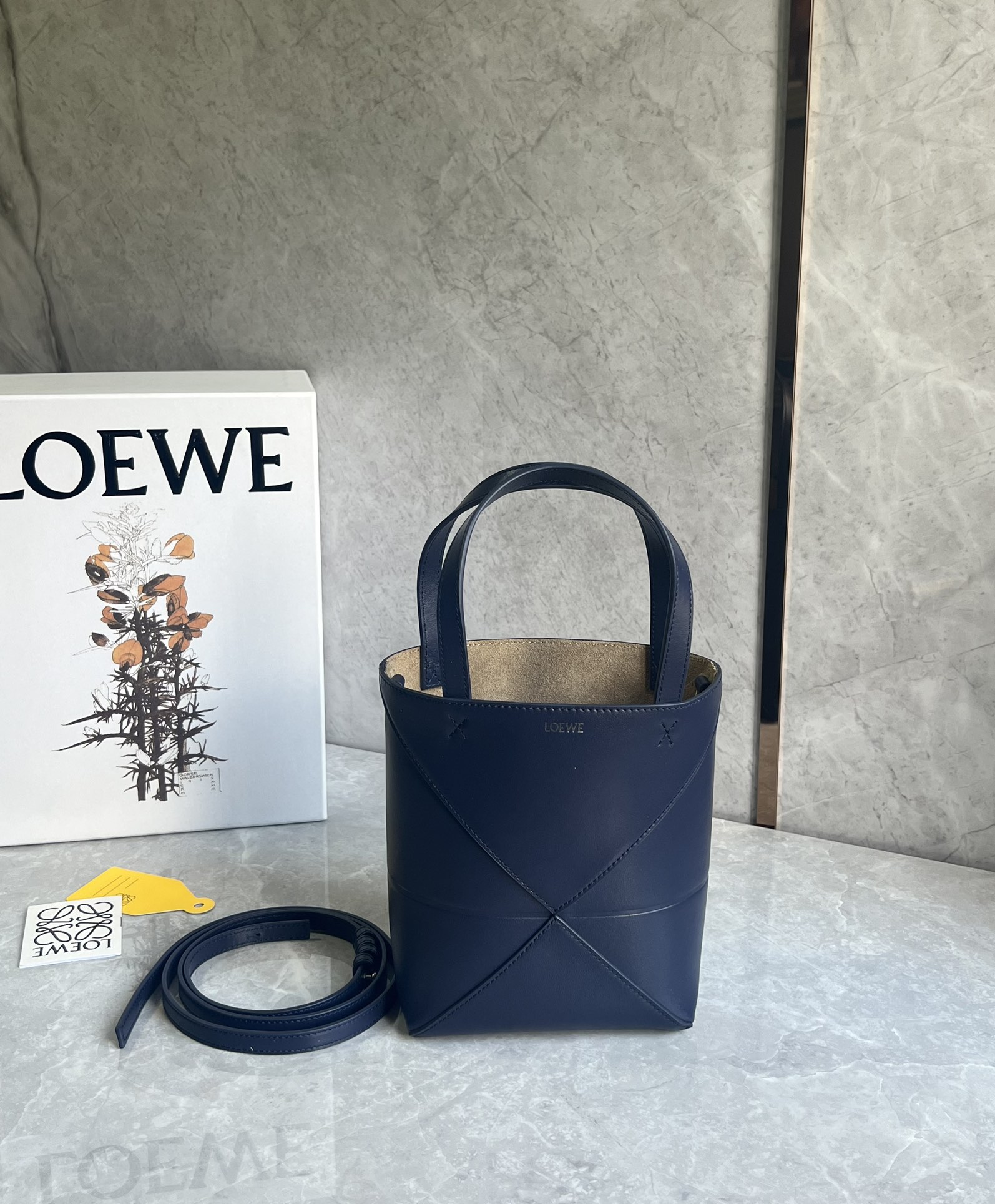 Loewe Mini Puzzle Fold Tote in Shiny Calfskin Dark Blue